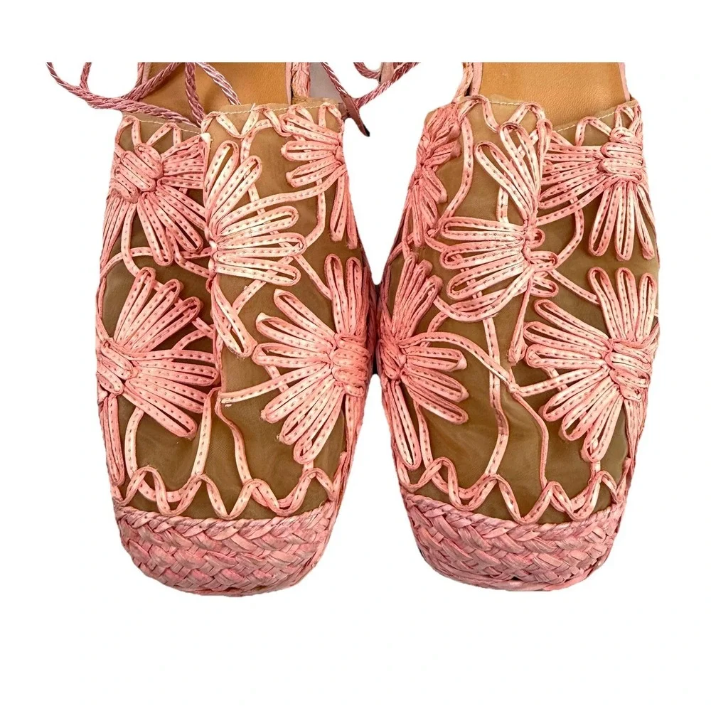 Stuart Weitzman Rafia Espadrille Flats Pink Mesh Barbiecore Lace Up 10 Narrow